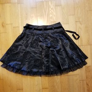 Retro Floral Flocked Satin Skirt with Ribbon